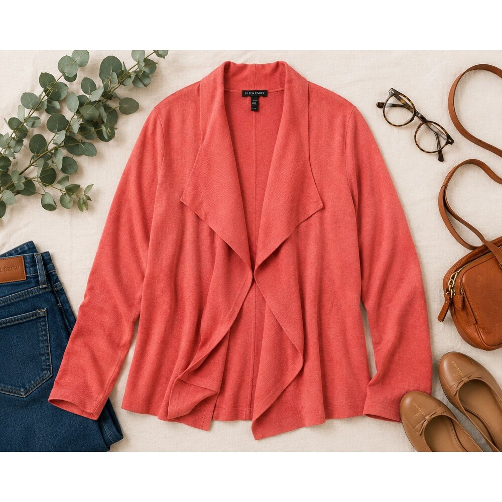 Eileen Fisher L Silk Organic Cotton Open Front Drape Cardigan Coral Sweater